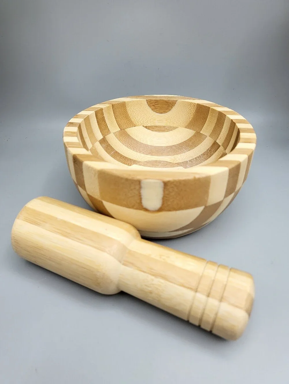 Natural Bamboo Mortar and Pestle - Two-Tone Wood Modern Organic Primitive Art